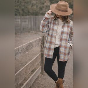 Plaid Button Front Shirt Jacket Shacket Small Blue Brown Cream Size Small New